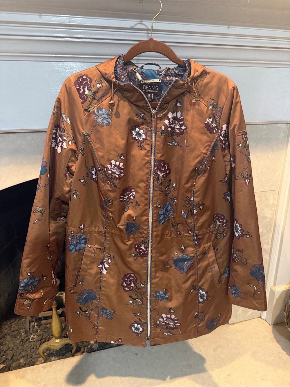 DENNIS by Dennis Basso Rust Brown Floral Hooded Trench Coat size medium
